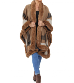 Camel Faux Fur Trim Cape