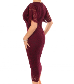 Wine Flutter Sleeve Lace Pencil Dress