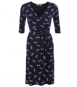 Navy Blue Dragonfly Print Wrap Dress