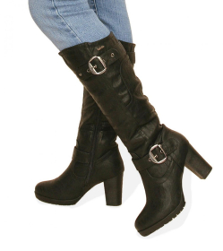 Black Biker Style Buckle Detail Boots