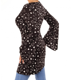 Black Heart Print Bell Sleeve Tunic Top