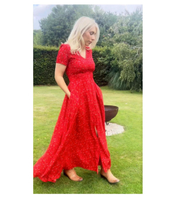 Red Ditsy Print Button-Through Maxi Dress