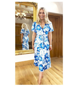 Blue Floral V Neck Belted Flutter Sleeve Dress