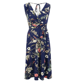 Navy Blue Floral V Neck Fit and Flare Dress