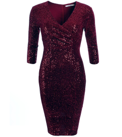 Wine Velour Sequin Knee Length Dress