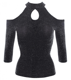 Black and Silver Sparkly Cold Shoulder Choker Top