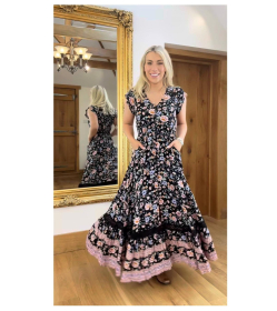 Boho Black and Pink Floral Button up Maxi Dress