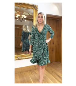 Green Print Ruffled Mock Wrap Dress