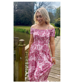 Pink Floral Bardot Shirred Maxi Dress