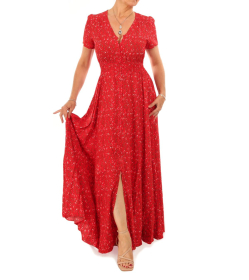 Red Ditsy Print Button-Through Maxi Dress