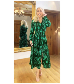 Green Paisley Collared Shirt Dress