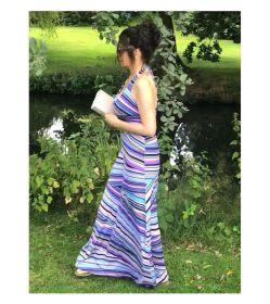Purple Striped Halter Neck Maxi Dress