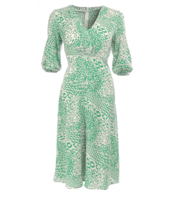 Green Print Puffed Sleeve Midi Dress