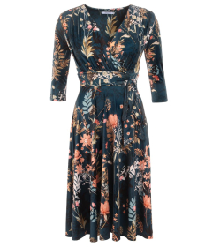 Dark Teal Floral Fit & Flare Tie Detail Dress