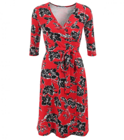 Red and Black Textured Floral Wrap Dress