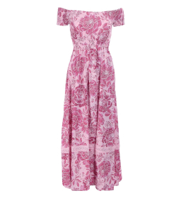 Pink Floral Bardot Shirred Maxi Dress