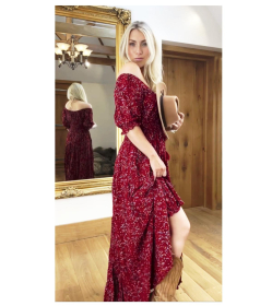 Dark Red Ditsy Print off the Shoulder Maxi Dress