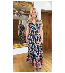 Teal and Pink Vintage Floral Button up Maxi Dress