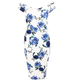 Blue and White Floral Bardot Midi Dress