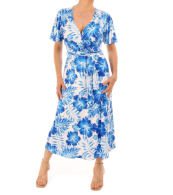 Blue Floral V Neck Belted Flutter Sleeve Dress