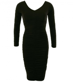 Black Ruched V Neck Dress