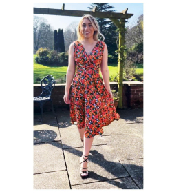 Orange Ditsy Print V Neck Fit and Flare Dress