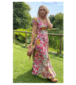 Pink Multi Print Button Detail Maxi Dress