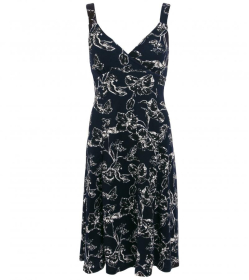Navy Blue Floral Textured Strappy Dress