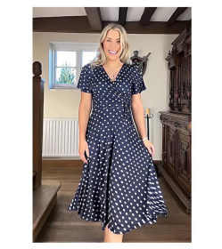 Navy Blue Spot Print Fit and Flare Flutter Sleeve Dress