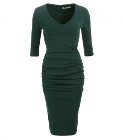 Forest Green V Neck Ruched Dress