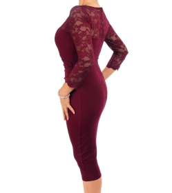 Wine Lace Detail Ruched Dress