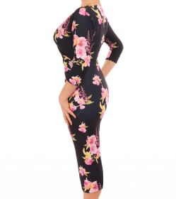 Black and Pink Floral Mock Wrap Dress