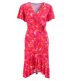 Pink and Orange Print Flutter Sleeve Ruffle Dress