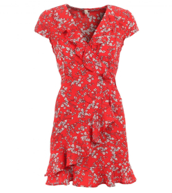 Red Ruffle Mock Wrap Skater Dress