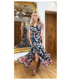 Teal and Pink Vintage Floral Button up Maxi Dress