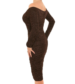 Bronze Sparkle Off the Shoulder Ruched Dress