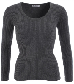 Grey Ribbed Scoop Neck Jumper