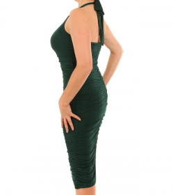 Dark Green Ruched Halter Neck Dress