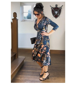 Dark Teal Floral Fit & Flare Tie Detail Dress