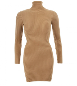 Camel Ribbed Polo Neck Long Jumper