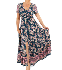 Teal and Pink Vintage Floral Button up Maxi Dress