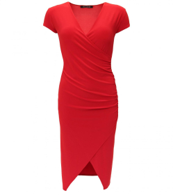 Red Ruched Mock Wrap Dress