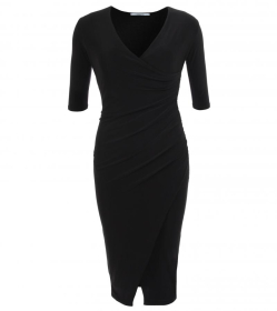 Black Three Quarter Sleeve Mock Wrap Dress