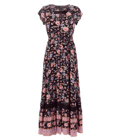 Boho Black and Pink Floral Button up Maxi Dress