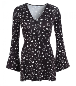 Black Heart Print Bell Sleeve Tunic Top