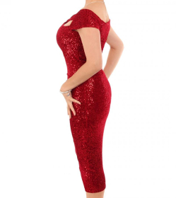 Red Velour Sequin Cut Out Cocktail Dress