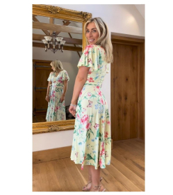 Lemon Floral Fit and Flare Flutter Sleeve Dress