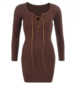 Brown Lace up Ribbed Jumper