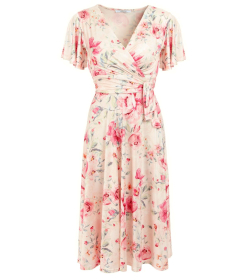 Pink and Cream Floral Print Fit and Flare Dress