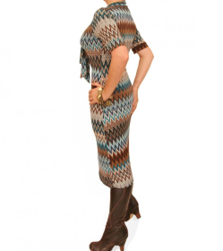 Teal Zig Zag Print Pussy Bow Dress